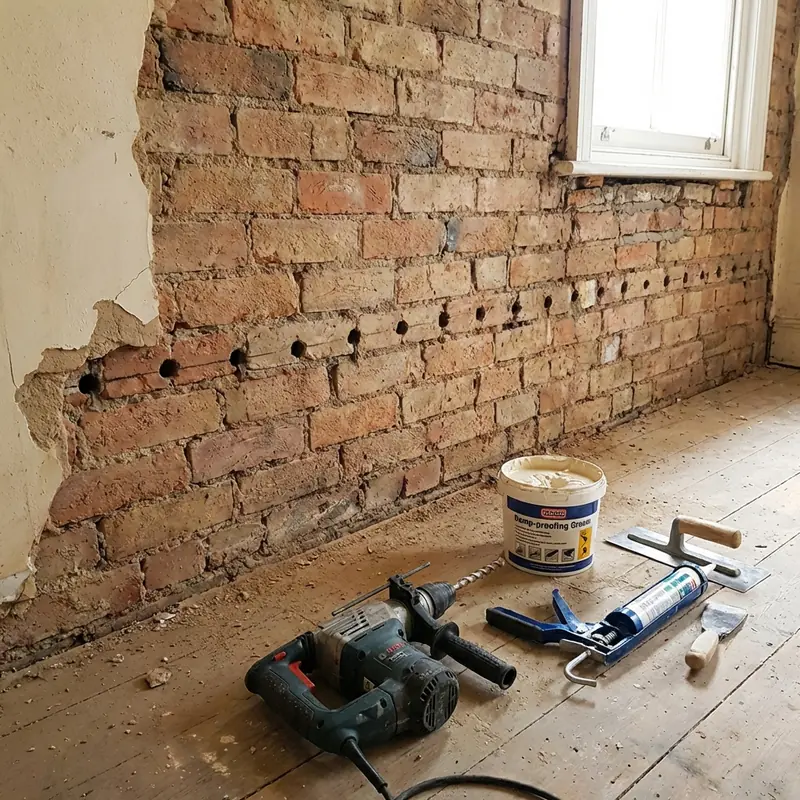 Damp-proofing injection treatment on a brick wall