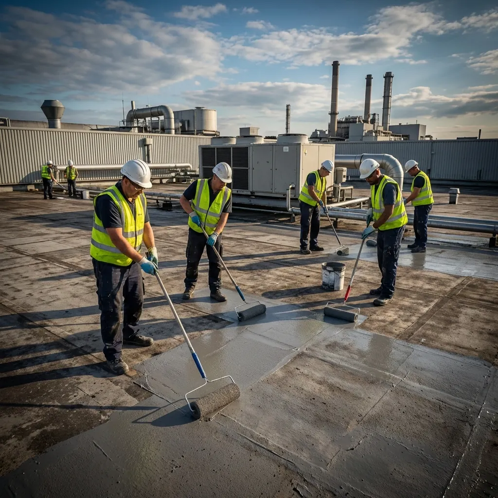 Workers applying waterproof coating to a commercial flat roof