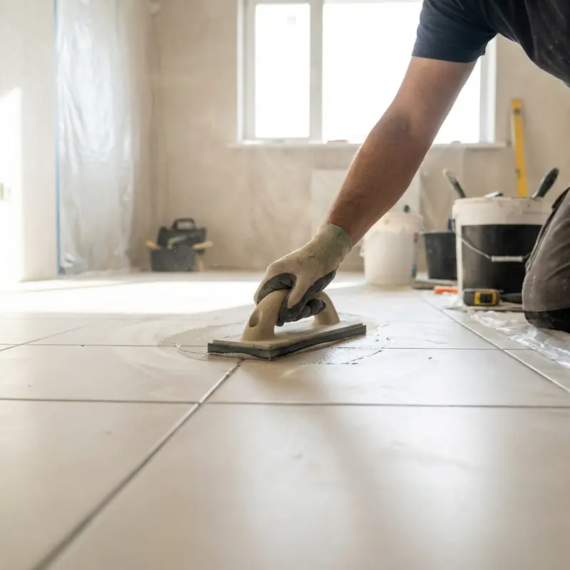 Tradesman levelling floor tiles by hand