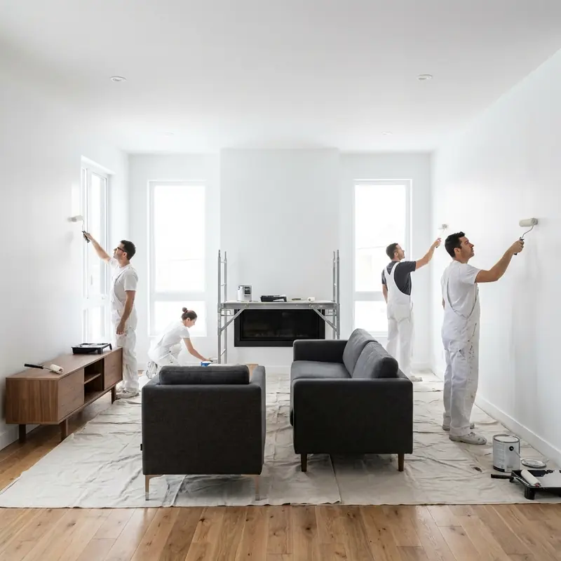 Painting crew rolling walls in a living room
