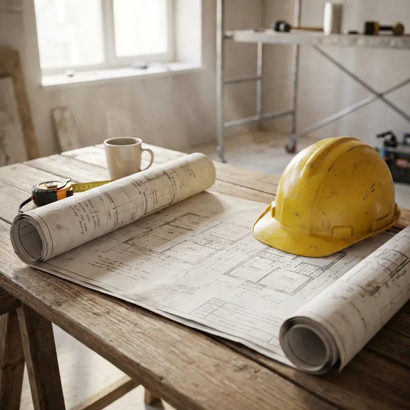 Building plans and a hard hat on a renovation site