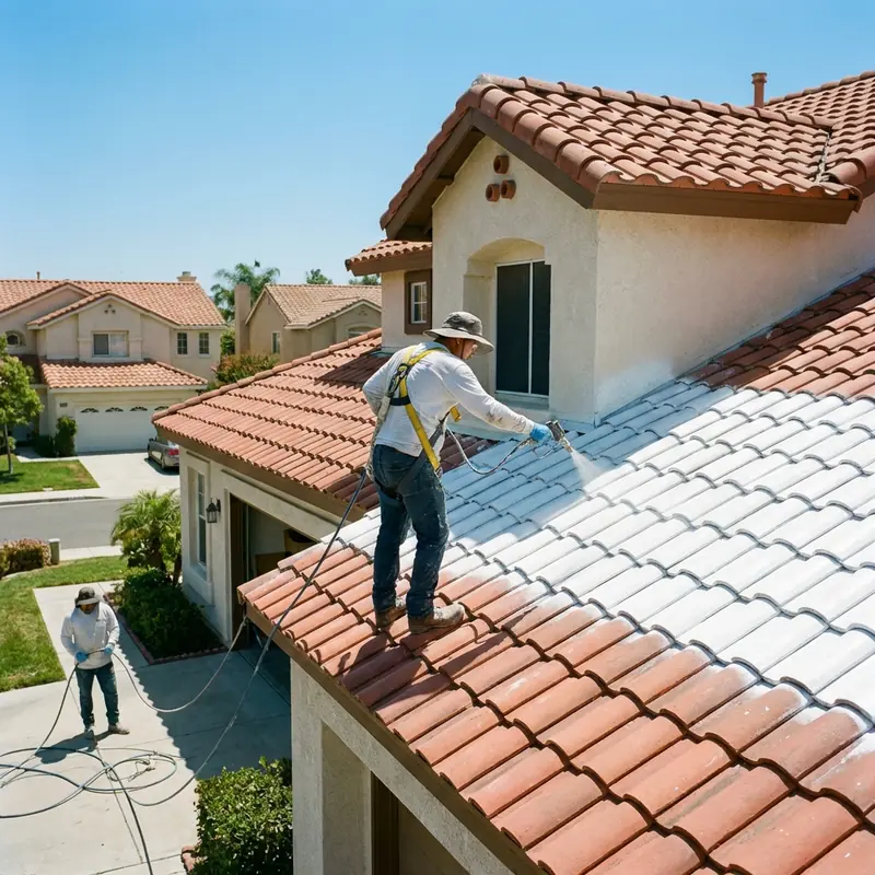 Applying protective coating to a tiled roof